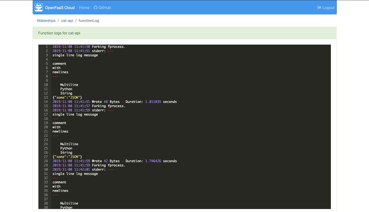 runtime logs in OpenFaaS Cloud dashboard